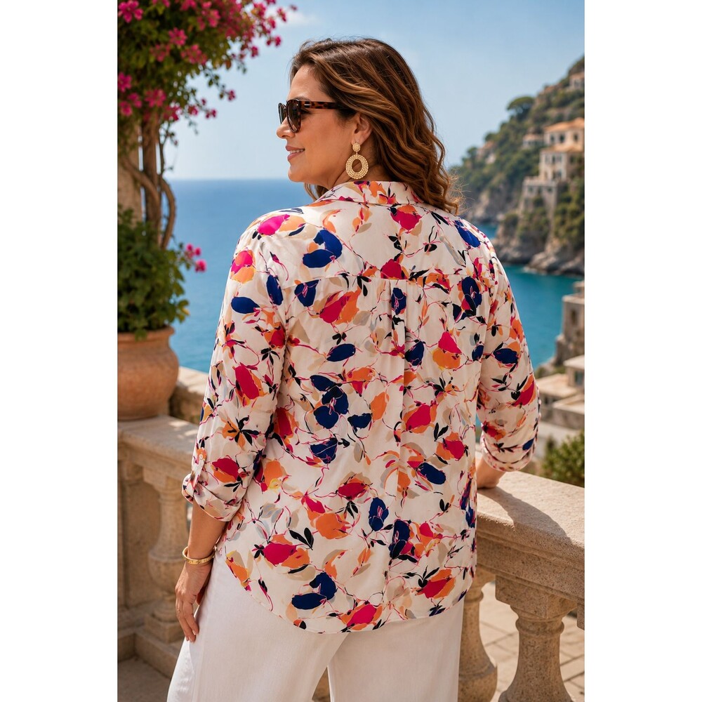 Chico's Size 3 Floral Button Front Blouse Roll Tab Sleeves Rayon 16 18 - Picture 4 of 12